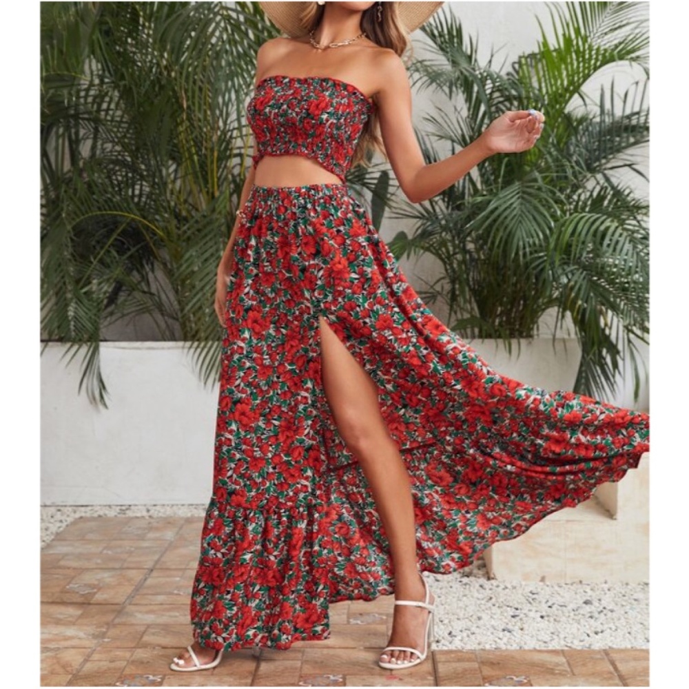 Boho Red Floral Print Crop Top Maxi Skirt Set Cottagecore - Picture 1 of 3